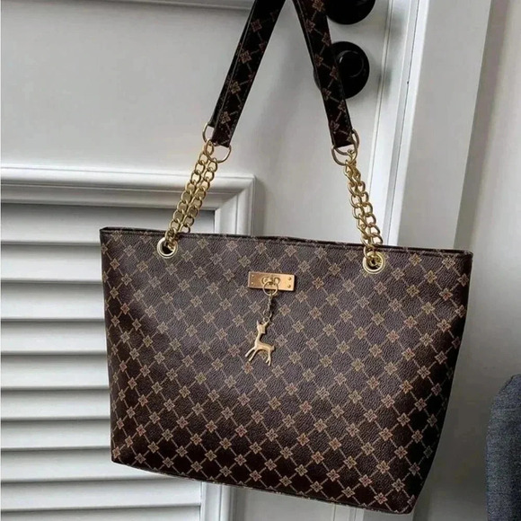 ⚠️Clearance Brown Patterned Large Tote Shoulder Bag Gold Pendant - Picture 11 of 11